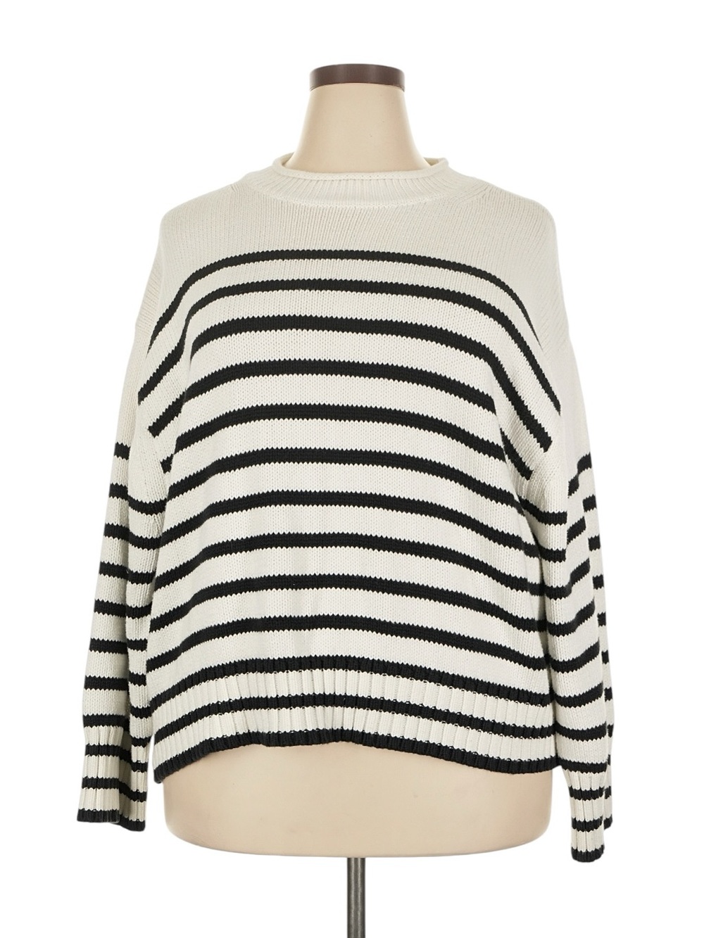 J. Crew Rollneck Sweater in Stripe 2X White Black Relaxed Fit Cotton Preppy